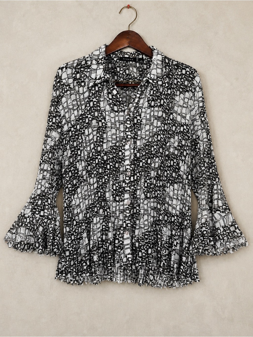 Sioni Abstract Crinkle Pleated Bell Sleeve Blouse Black White XL